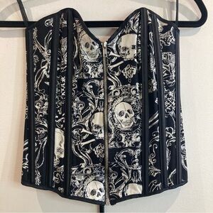 SHIRLEY OF HOLLYWOOD Sz 32 Boning Lace Up Zipper Closure Skull Corset Bustier